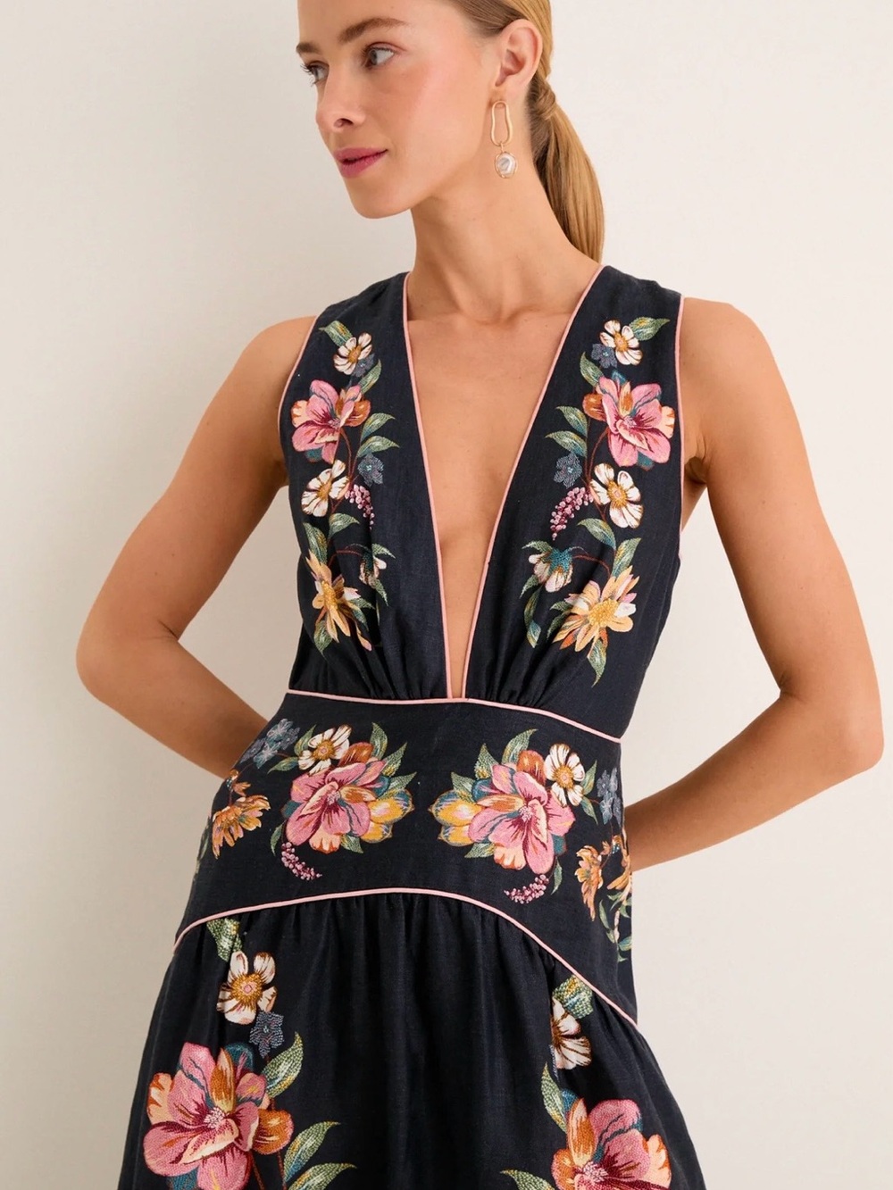Farm Rio Maira Linen V Neck Dress - Picture 4 of 9